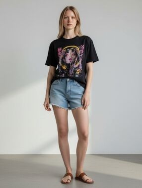 Gildan Black Tee with Vibrant Pink, Yellow & Purple Anime Graphic